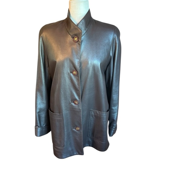 Elegant Gray Women's Leather Metallic Brown Jacket Size Small - Picture 1 of 6